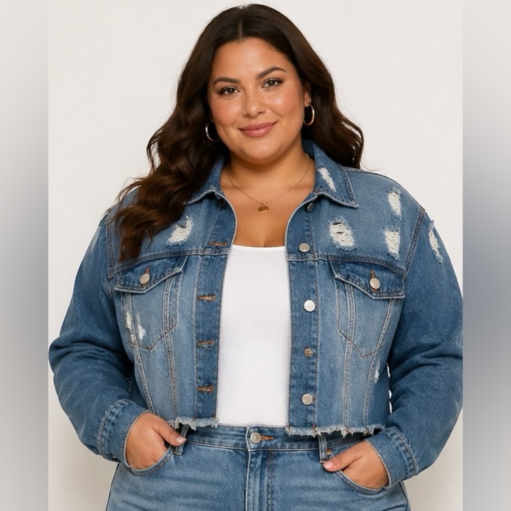 Frenzy Cropped Distressed Denim Jacket 2X Raw Hem Light Wash